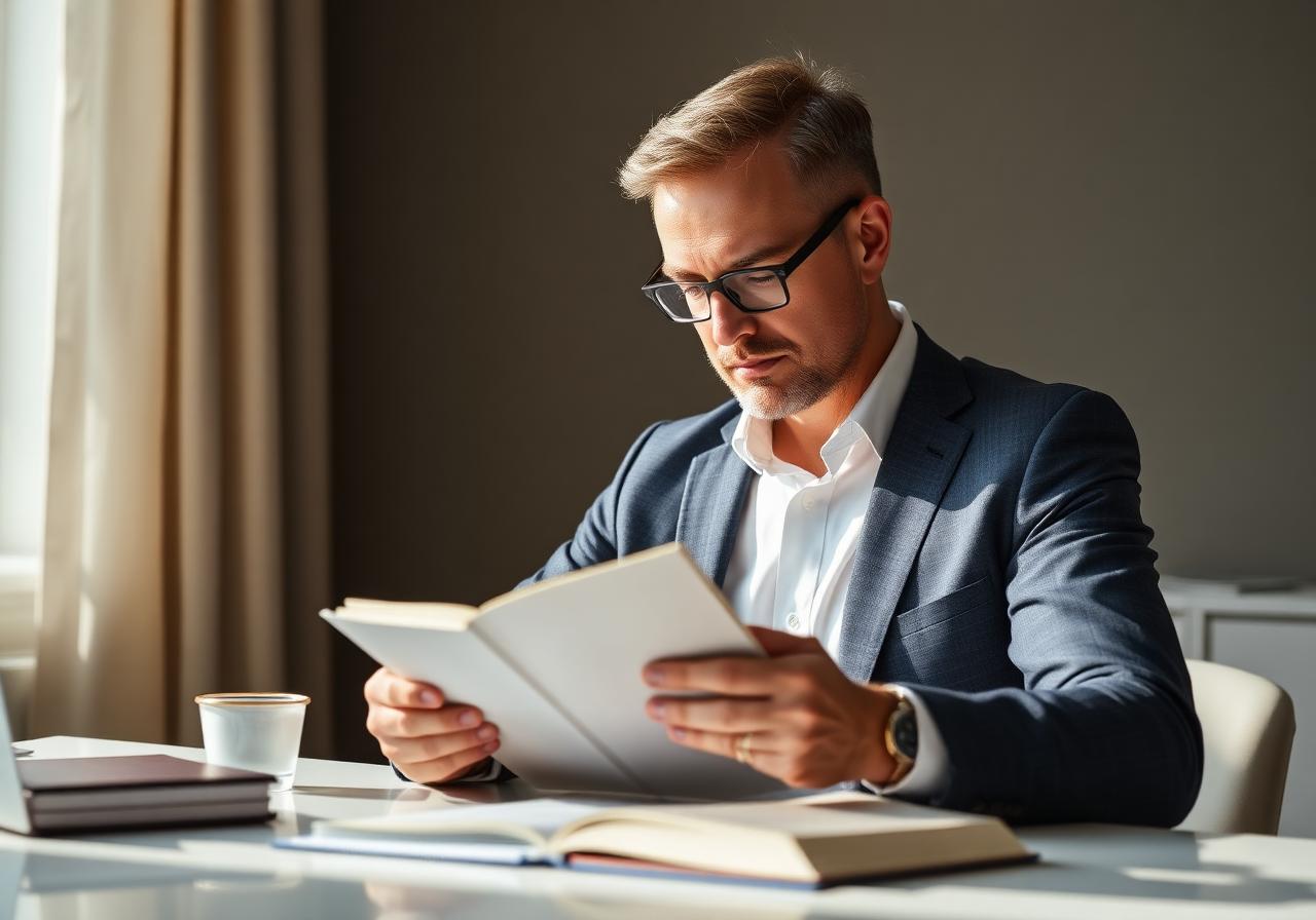 Executive reading at a sunlit desk