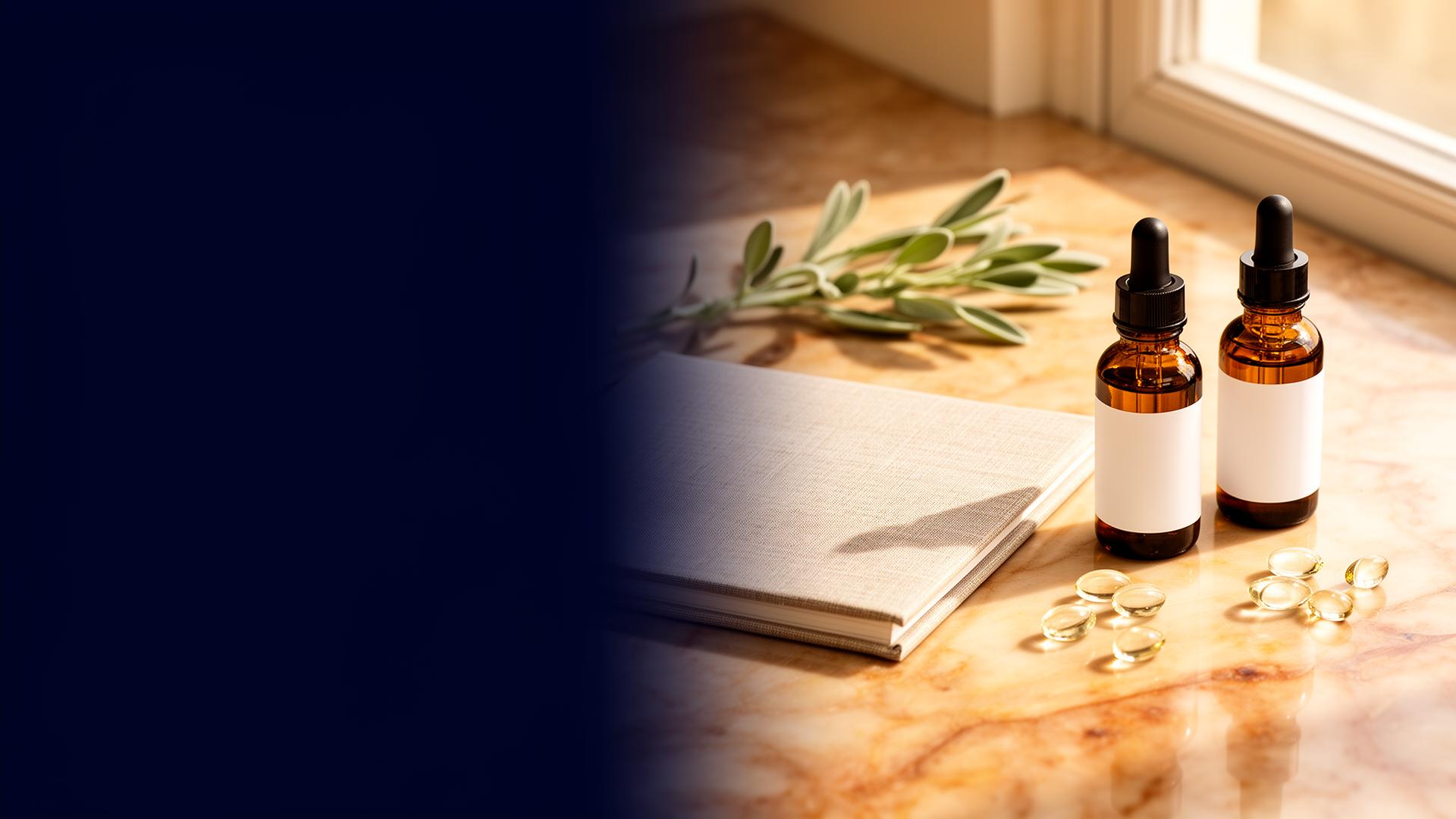 Amber cognitive therapy bottles on marble with soft clinical light