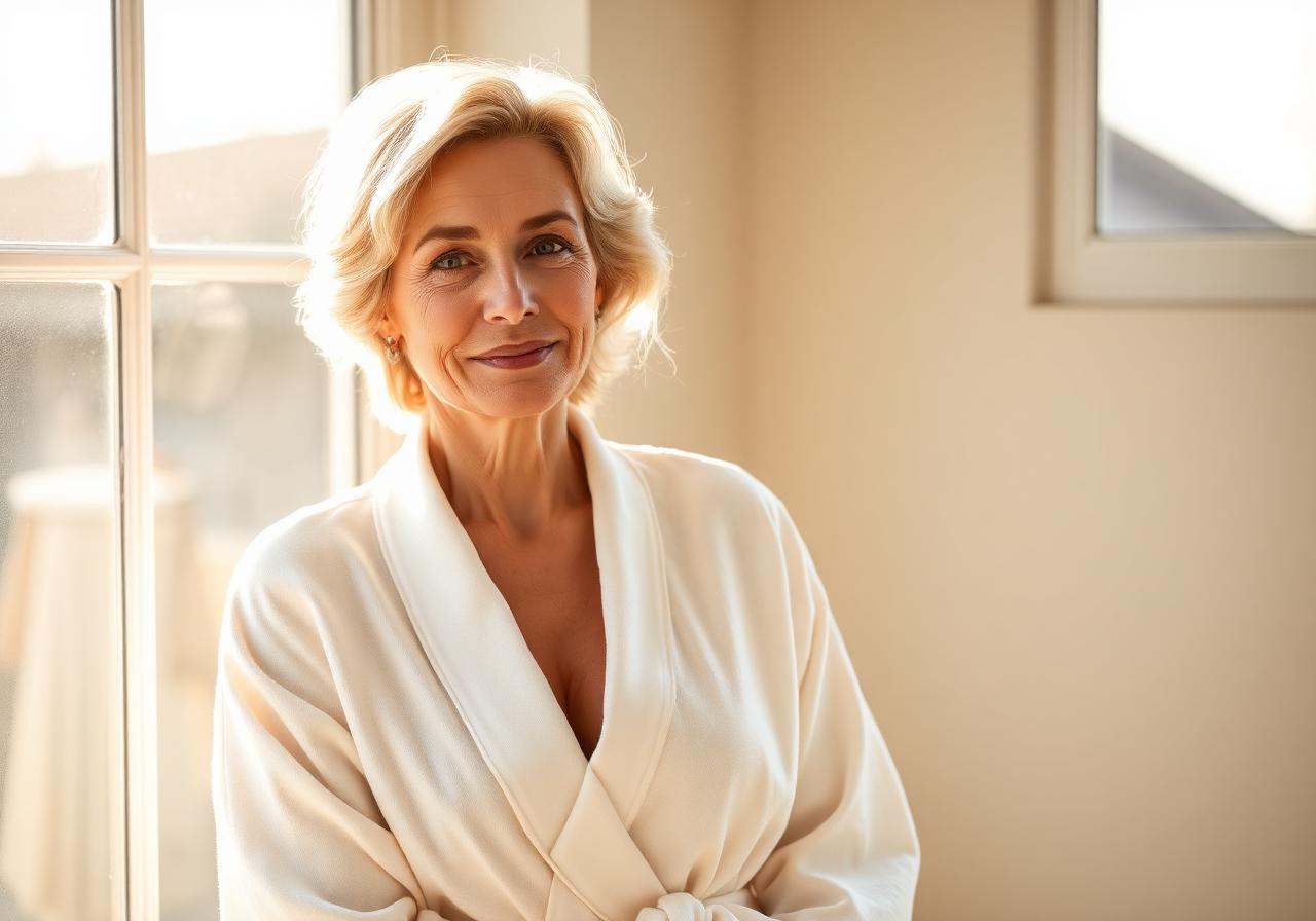 Confident woman in linen by a sunlit window