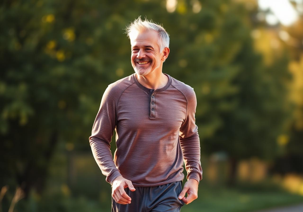 Middle-aged man on a casual morning walk