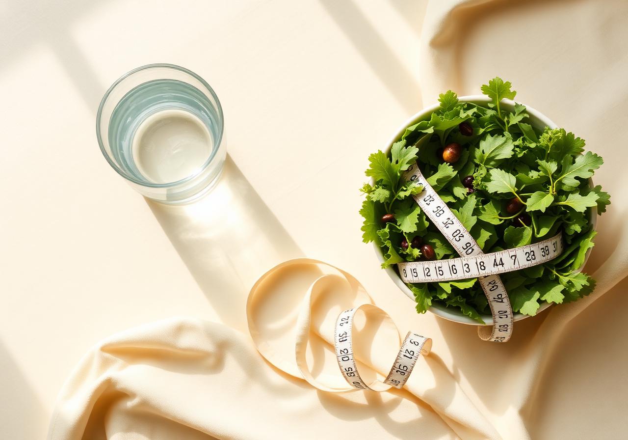 Fresh greens, water, and measuring tape on linen
